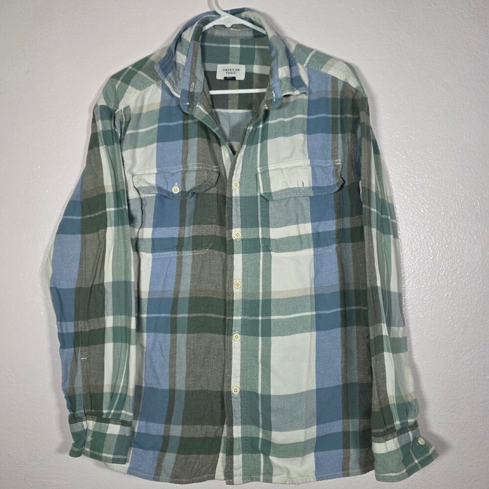 American Eagle Super Soft Plaid Flannel Shirt Blue Green White Men's S
